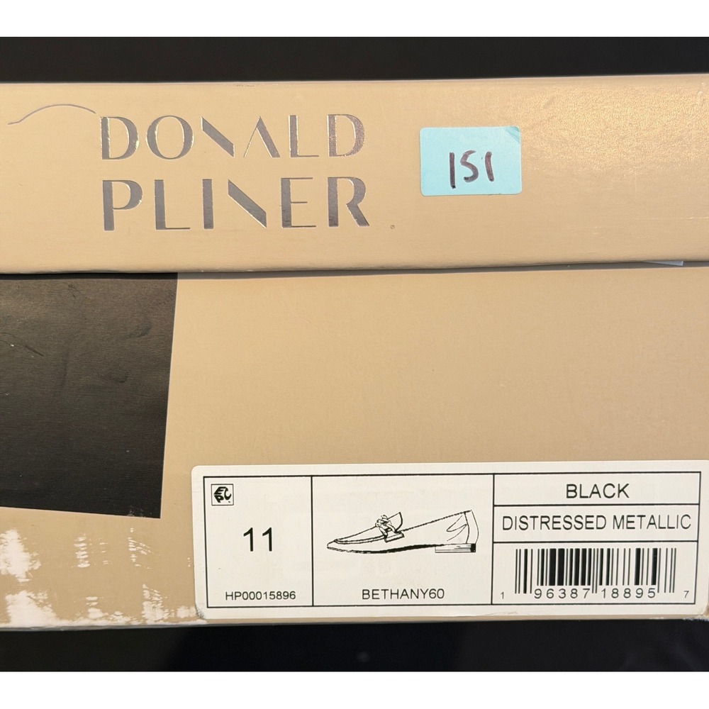 Donald Pliner Bethany Black Distressed Metallic Chain Loafers Square Toe 11M